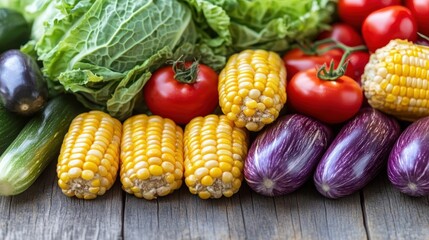 Poster - A variety of fresh vegetables displayed on a rustic wooden table in natural light