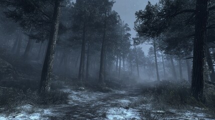 Aufkleber - A snowy path winds through a dense and mysterious forest