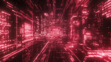Poster - Futuristic red cityscape corridor with binary and digital information