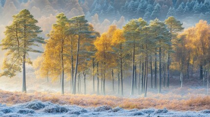 Poster - Misty forest landscape showcases autumn colors and frosty ground