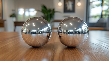 Poster - Reflections of light and form in polished spheres on a wooden table in a modern interior setting