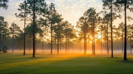 Poster - Sunrise filters through the trees in a foggy landscape
