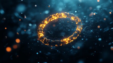 Poster - Glowing ring shape illuminated in a dark, watery environment with particles floating around