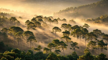 Aufkleber - Forest trees rise through a beautiful blanket of morning fog