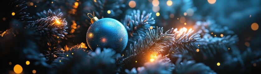 Poster - A blue christmas ornament hangs among festive evergreen branches
