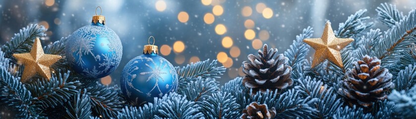 Poster - Festive christmas ornaments and decorations adorn a frosted evergreen branch