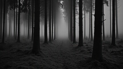 Canvas Print - Fog shrouds the haunting path through a dark forest