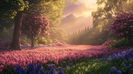 Poster - Breathtaking meadow displays vibrant blooms and towering trees gracefully