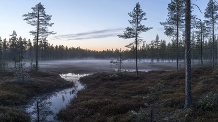 Poster - Misty morning light over a serene forest landscape