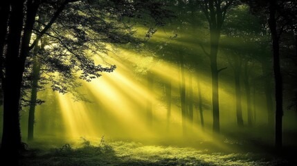 Canvas Print - Sunlight pierces through the fog in a dense forest