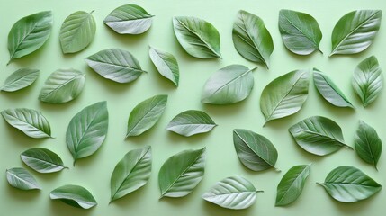 Poster - Fresh green leaves are scattered on light green background