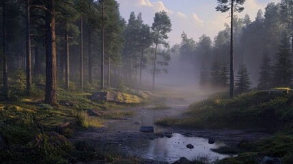 Poster - A peaceful stream flows through a misty forest at dawn