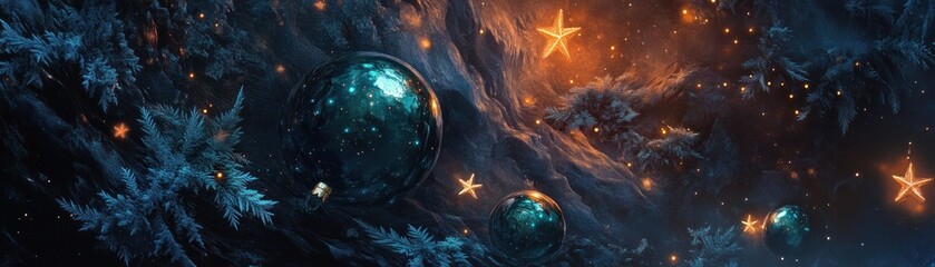 Poster - Christmas ornaments and stars gleam against a dreamy nebula backdrop