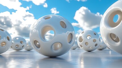 Poster - White hollow spheres scattered under a bright sky with clouds in an outdoor setting