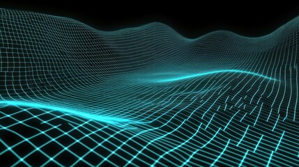 Poster - Glowing turquoise grid forms a landscape on a black background