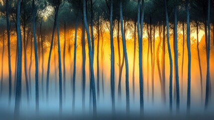 Poster - Trees stand tall in a foggy forest during a warm sunrise