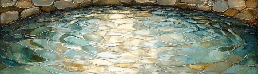 Poster - Abstract painted scene depicting water surface surrounded by stone wall