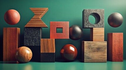 Poster - Colorful geometric shapes and wooden blocks arranged artistically on a vibrant green background