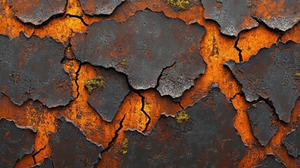 Poster - Decaying metal surface with cracked paint and moss growth