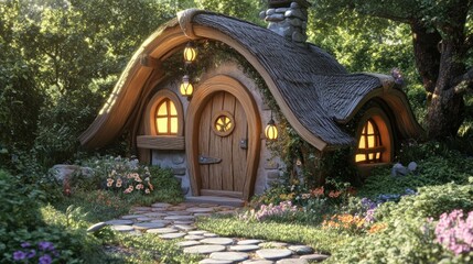 Poster - A whimsical hobbit house nestled in a lush garden