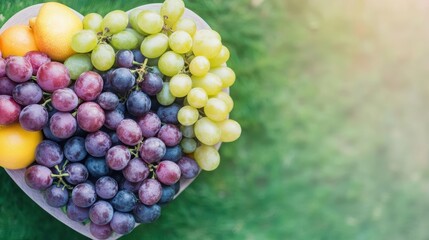 Poster - Heart shaped bowl filled with fresh grapes and oranges on a wooden table