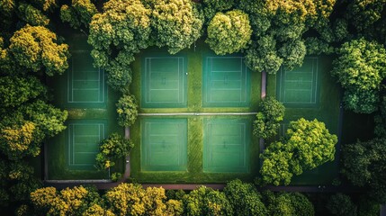 Wall Mural - Aerial view of eight tennis courts in a green park