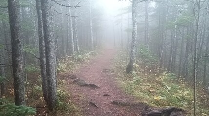 Poster - Misty forest trail winding through tall thin trees