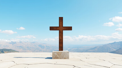 weathered iron cross stands on rocky landscape under blue sky