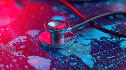 Poster - stethoscope rests on digital map, symbolizing global healthcare