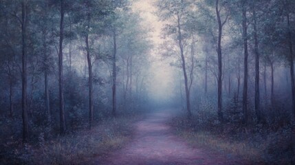 Poster - A path winds through a serene and misty forest scene