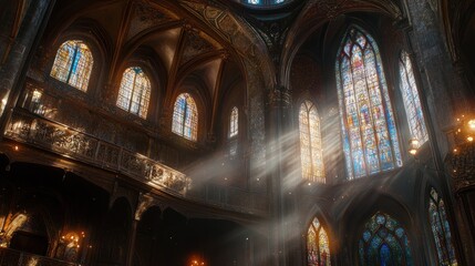 Poster - Sunlight streams through stained glass windows illuminating a cathedral interior