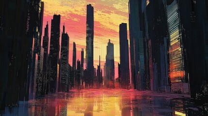Poster - Abstract cityscape painting displaying reflections under a colorful sunset