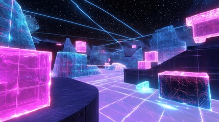 Poster - Futuristic landscape with neon blocks and grid in the night