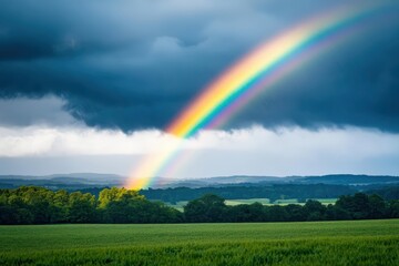 Aufkleber - Rainbow over a vibrant green field of crops under a clear blue sky during the daytime