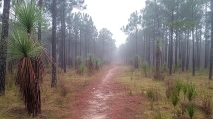 Aufkleber - Fog shrouds a forest path lined with trees