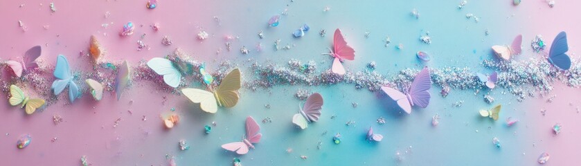 Poster - Pastel butterflies are scattered among glittering dust on gradient background