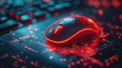 Poster - Futuristic Wireless Mouse Emitting Neon Red Glow on Circuit Board Surface
