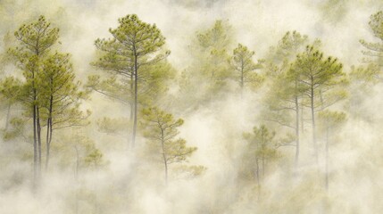 Poster - Misty forest landscape showing evergreen trees shrouded in fog