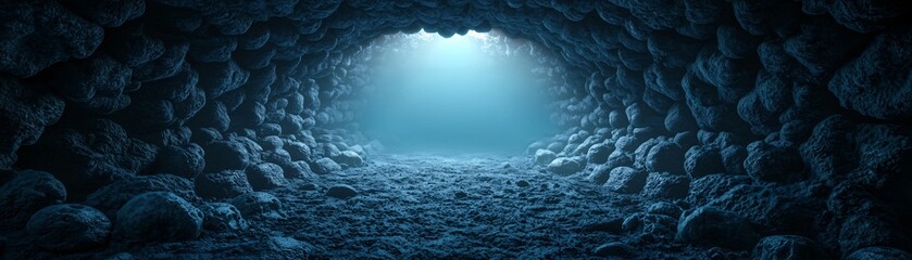 Poster - An ancient labyrinth beneath a glowing crimson sea, massive stone walls lined with enigmatic symbols, eerie bioluminescent life forms lurking, deep-sea fantasy horror aesthetic