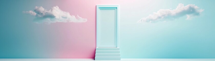 Poster - A surreal dreamscape with floating staircases leading to nowhere, endless doors opening into unknown realms, pastel-hued clouds swirling in the distance, abstract and mesmerizing