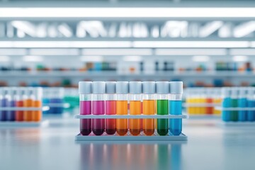 Poster - Row of test tubes filled with colorful liquids in a laboratory setting for scientific experiments