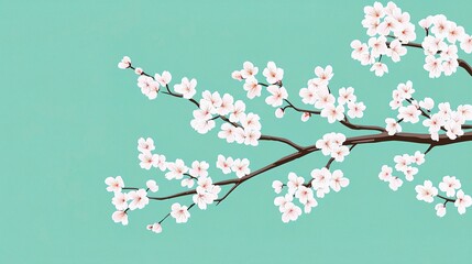 Wall Mural - Cherry Blossom Branch Over Vivid Green Background in Springtime