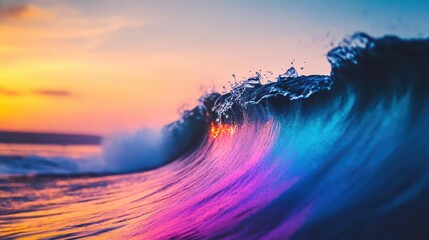 Poster - Wave crashing on shore during bright sunset with vibrant colors in the sky and ocean reflections