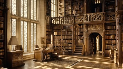 Poster - Grand library with soaring windows and ornate wooden bookshelves