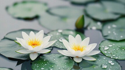 Wall Mural - Elegant White Water Lilies on Calm Water Background