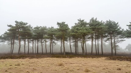 Aufkleber - Line of evergreen trees standing in fog over a field