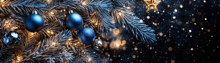 Poster - Christmas tree with blue ornaments and sparkling lights background