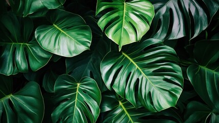 Poster - A collection of vibrant green monstera leaves is shown closely