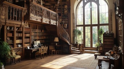 Poster - Grand ornate library features wooden bookshelves staircase and large window