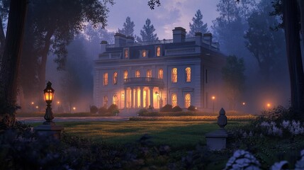 Aufkleber - Magnificent mansion illuminated at night enveloped by a dark forest